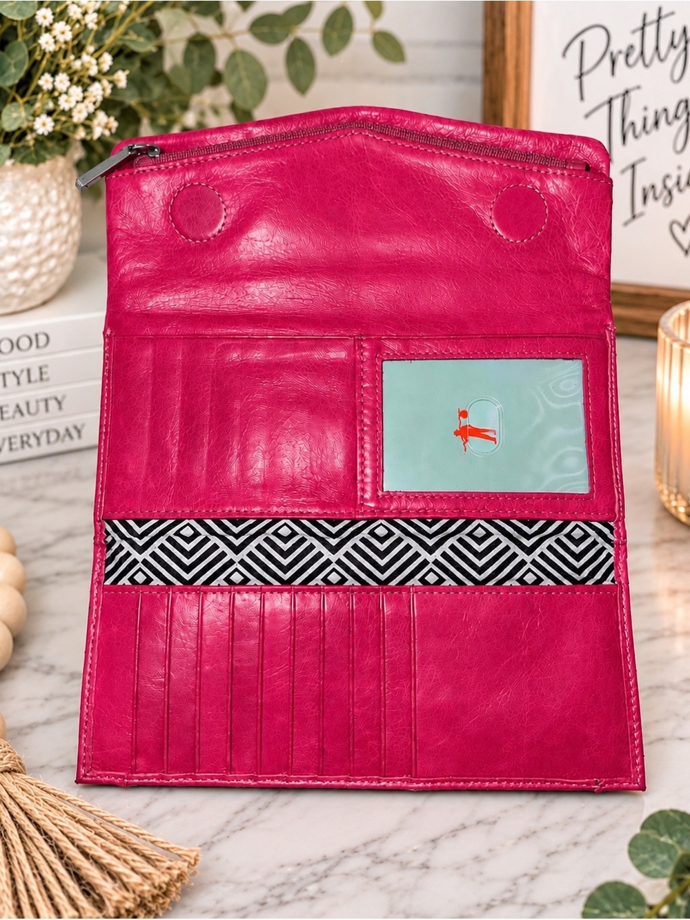 HOBO Pink Leather Continental Wallet Clutch Trifold Zip Pocket #1037